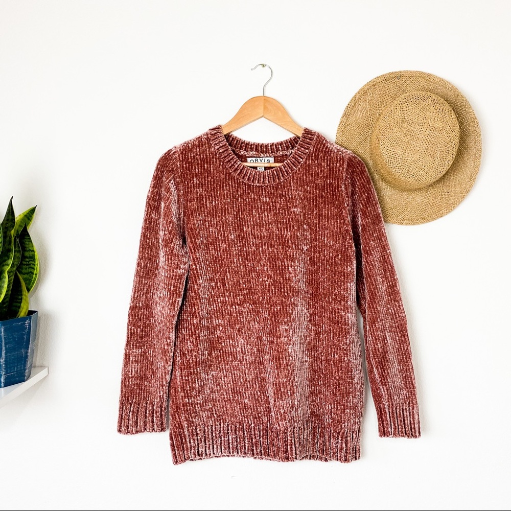 Orvis Rose Pink Chenille Crew Cozy Velvet Sweater